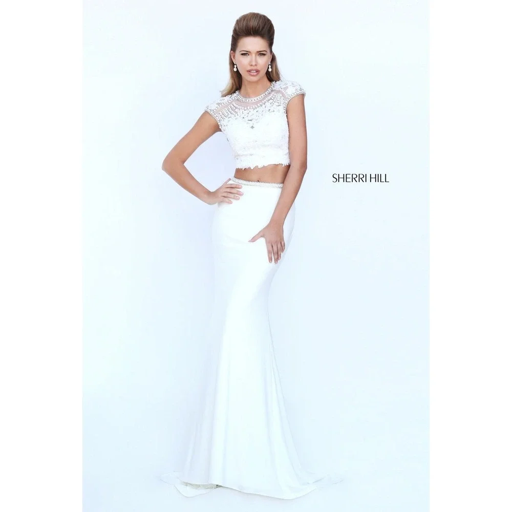 Sherri Hill | Dresses | Sherri Hill 5025 White Two Piece Open Back Beaded  Gown Size 2 New | Poshmark